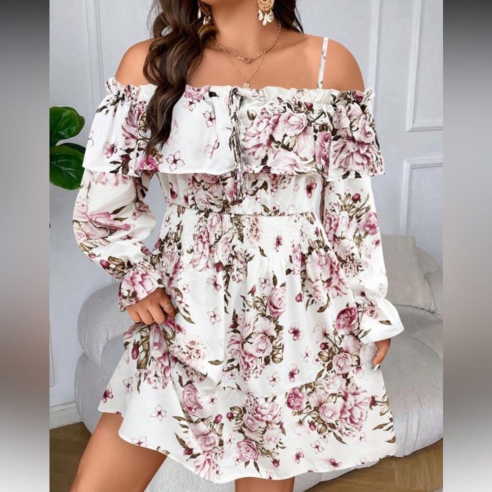 Boho plus size floral print off shoulder ruffle dress - Picture 1 of 6